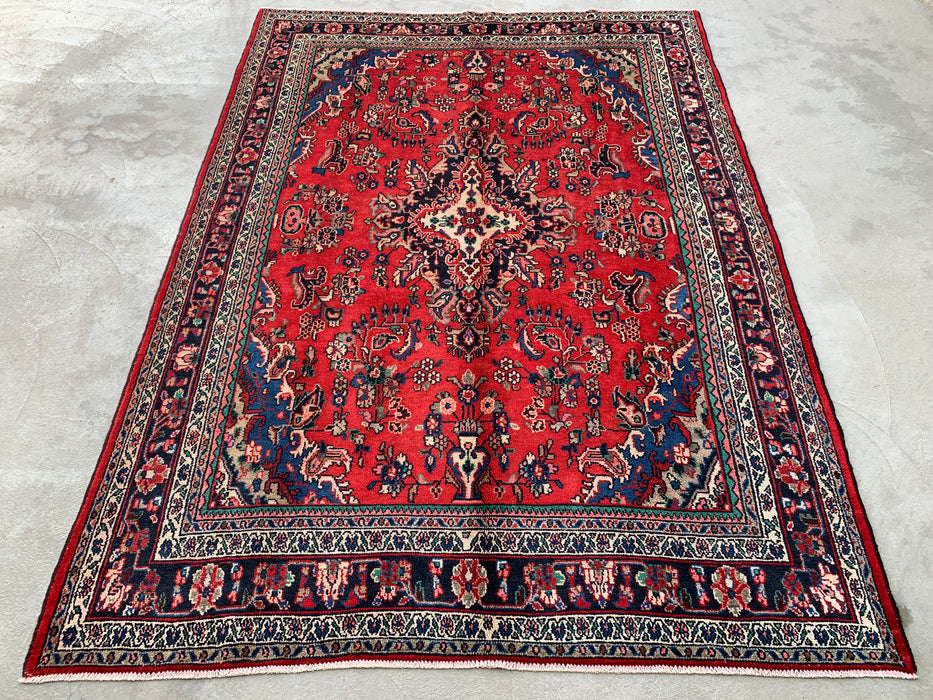 Handmade Persian Wool Area Rug 7x10 - Red, Blue & Ivory Traditional Floral Medallion Persian Style Rug - Exact Size 10'3" x 7'2" - KBHM-1087