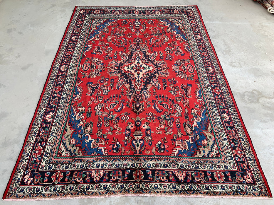 Handmade Persian Wool Area Rug 7x10 - Red, Blue & Ivory Traditional Floral Medallion Persian Style Rug - Exact Size 10'3" x 7'2" - KBHM-1087