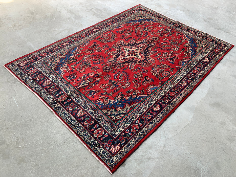 Handmade Persian Wool Area Rug 7x10 - Red, Blue & Ivory Traditional Floral Medallion Persian Style Rug - Exact Size 10'3" x 7'2" - KBHM-1087