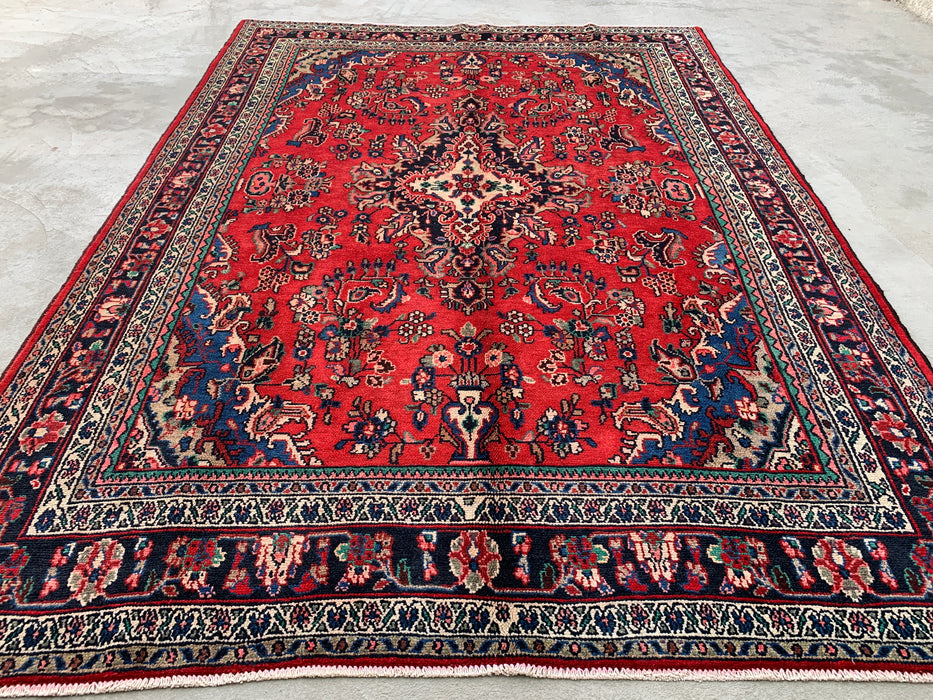 Handmade Persian Wool Area Rug 7x10 - Red, Blue & Ivory Traditional Floral Medallion Persian Style Rug - Exact Size 10'3" x 7'2" - KBHM-1087