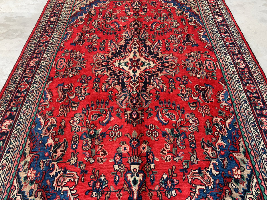 Handmade Persian Wool Area Rug 7x10 - Red, Blue & Ivory Traditional Floral Medallion Persian Style Rug - Exact Size 10'3" x 7'2" - KBHM-1087