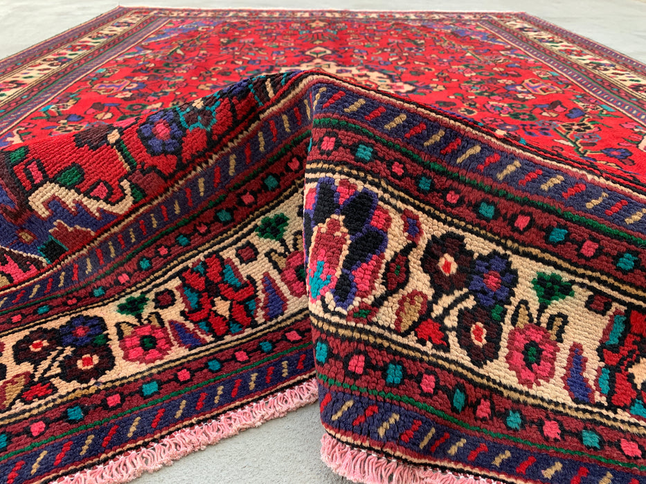 Handmade Persian Wool Area Rug 7x10 - Red, Blue & Ivory Floral Medallion Persian Style Rug - Exact Size 9'3" x 6'9" - KBHM-1089