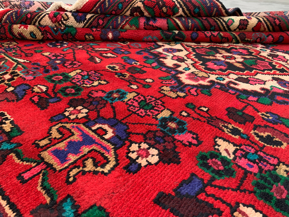 Handmade Persian Wool Area Rug 7x10 - Red, Blue & Ivory Floral Medallion Persian Style Rug - Exact Size 9'3" x 6'9" - KBHM-1089