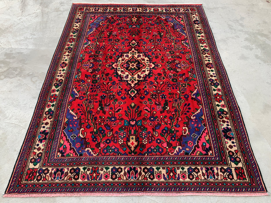 Handmade Persian Wool Area Rug 7x10 - Red, Blue & Ivory Floral Medallion Persian Style Rug - Exact Size 9'3" x 6'9" - KBHM-1089