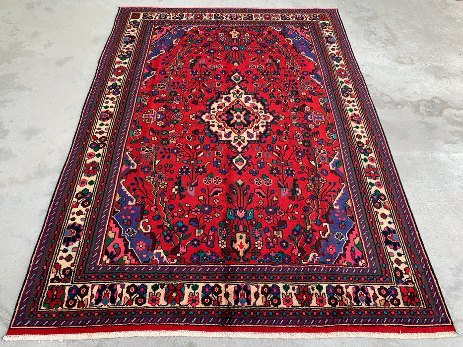 Handmade Persian Wool Area Rug 7x10 - Red, Blue & Ivory Floral Medallion Persian Style Rug - Exact Size 9'3" x 6'9" - KBHM-1089