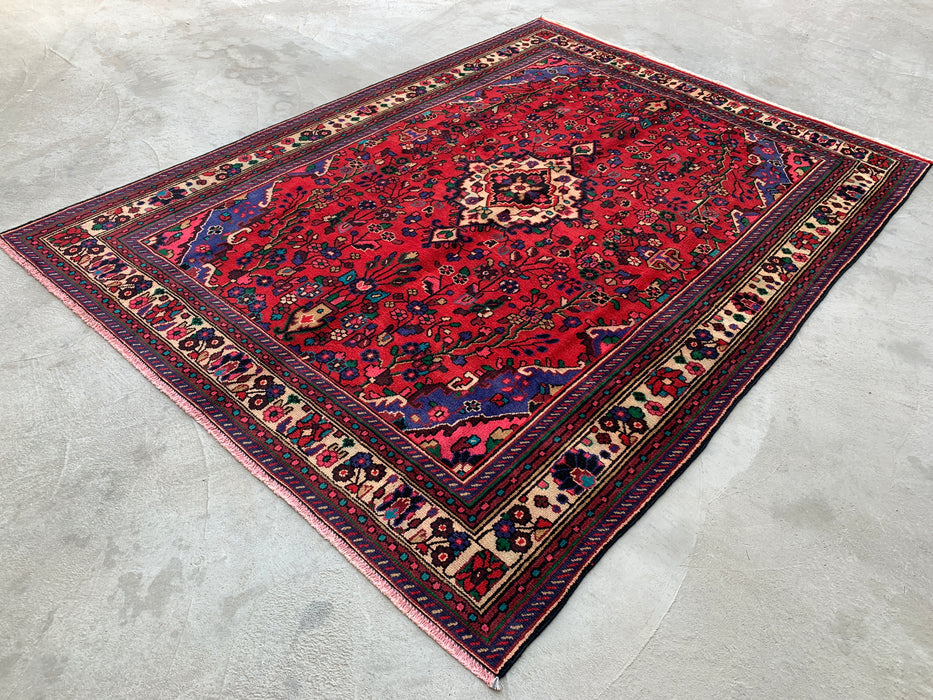 Handmade Persian Wool Area Rug 7x10 - Red, Blue & Ivory Floral Medallion Persian Style Rug - Exact Size 9'3" x 6'9" - KBHM-1089