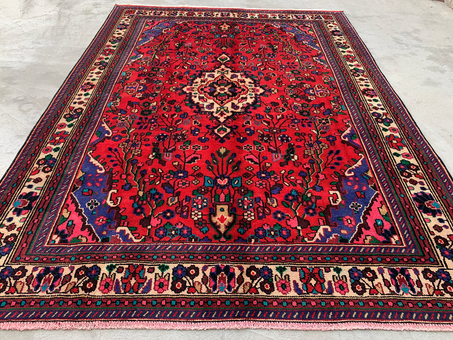 Handmade Persian Wool Area Rug 7x10 - Red, Blue & Ivory Floral Medallion Persian Style Rug - Exact Size 9'3" x 6'9" - KBHM-1089