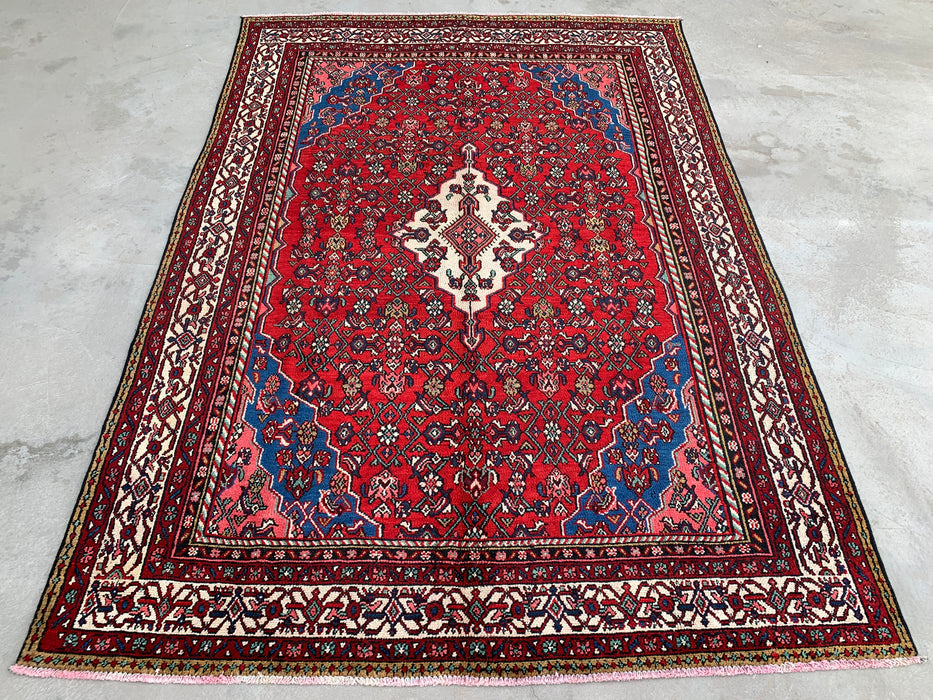 10'0 x 6'11 Hand-Knotted Persian Wool Rug in Red, Blue & Ivory Traditional Medallion Design | KBHM-1093