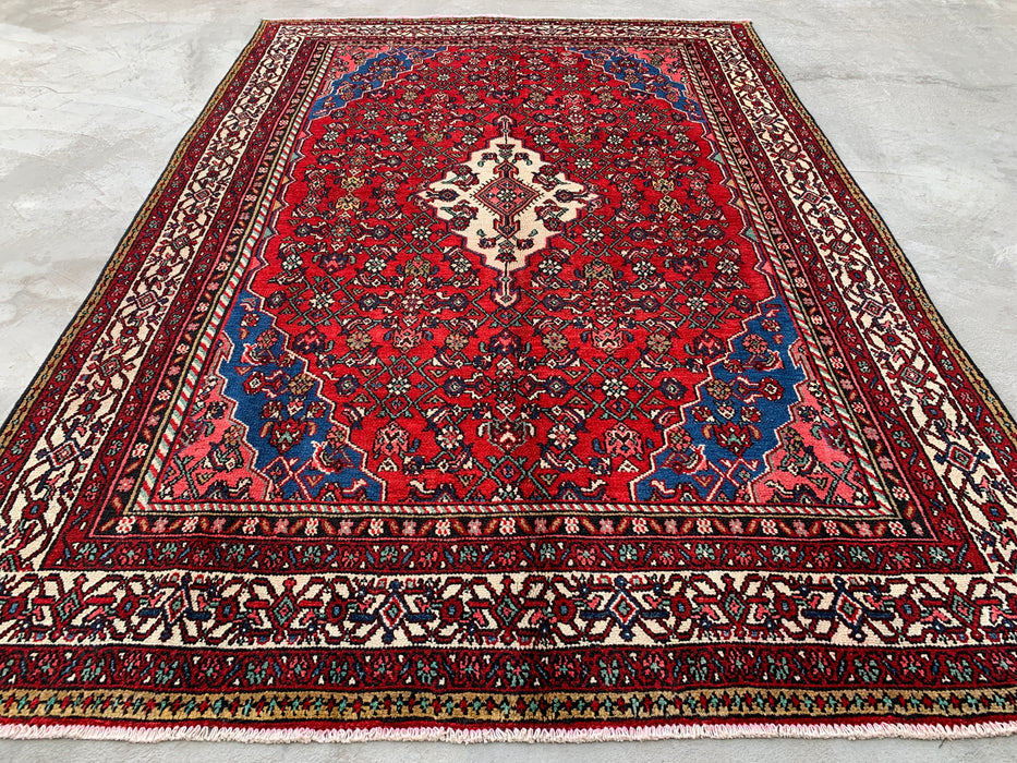 10'0 x 6'11 Hand-Knotted Persian Wool Rug in Red, Blue & Ivory Traditional Medallion Design | KBHM-1093