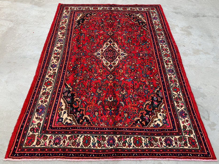 9'10 x 7'1 Hand-Knotted Persian Wool Rug in Red, Ivory & Navy Traditional Floral Medallion Design | KBHM-1094