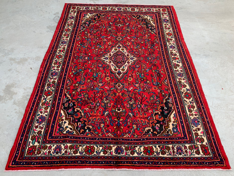 9'10 x 7'1 Hand-Knotted Persian Wool Rug in Red, Ivory & Navy Traditional Floral Medallion Design | KBHM-1094