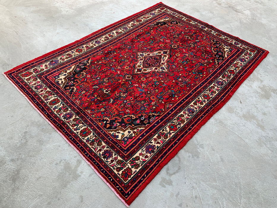 9'10 x 7'1 Hand-Knotted Persian Wool Rug in Red, Ivory & Navy Traditional Floral Medallion Design | KBHM-1094