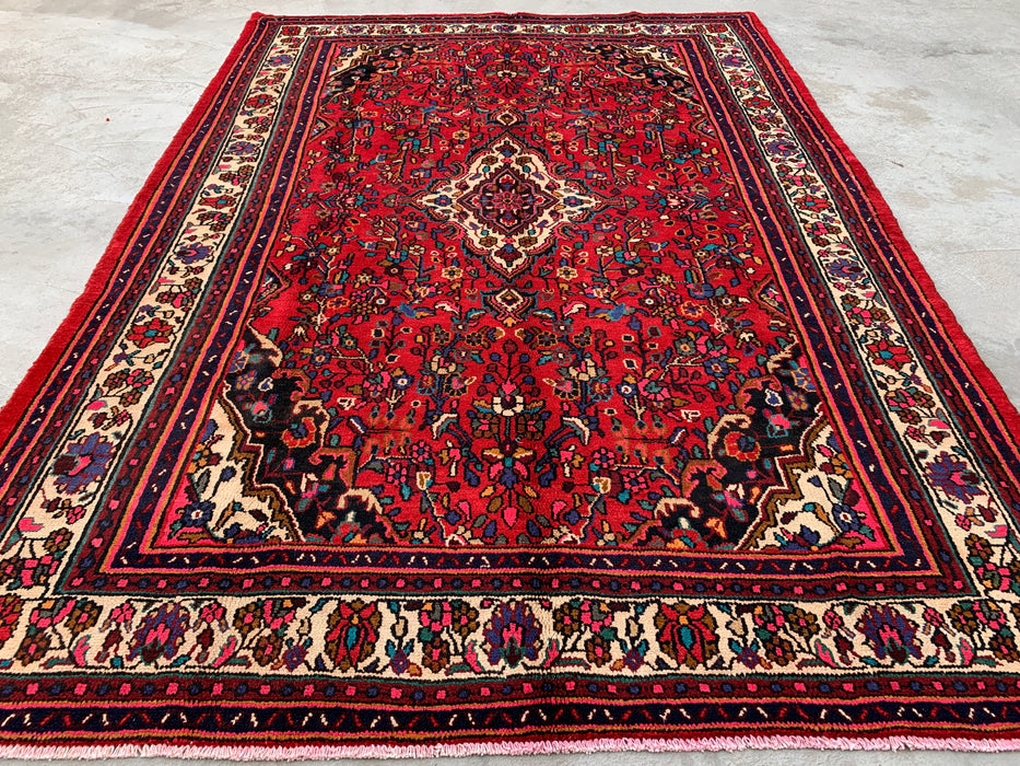 9'10 x 7'1 Hand-Knotted Persian Wool Rug in Red, Ivory & Navy Traditional Floral Medallion Design | KBHM-1094