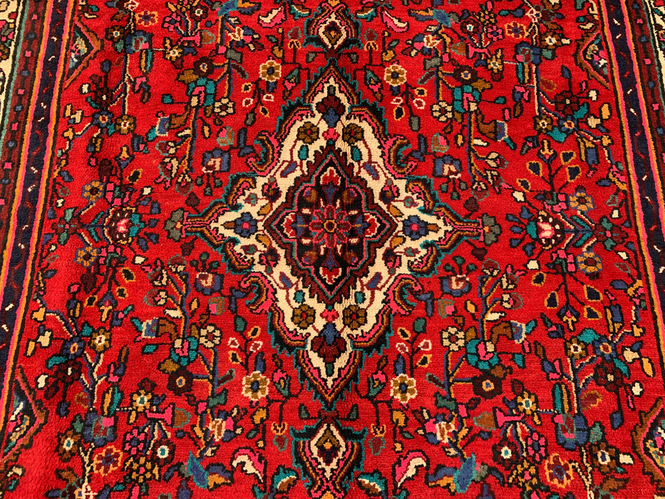 9'10 x 7'1 Hand-Knotted Persian Wool Rug in Red, Ivory & Navy Traditional Floral Medallion Design | KBHM-1094