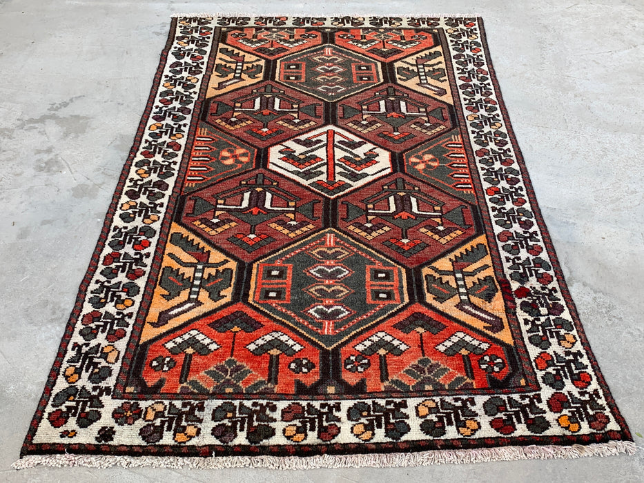 6'4 x 4'0 Hand-Knotted Persian Wool Rug in Ivory, Brown, Rust & Charcoal Tribal Geometric Design | KBHM-1097