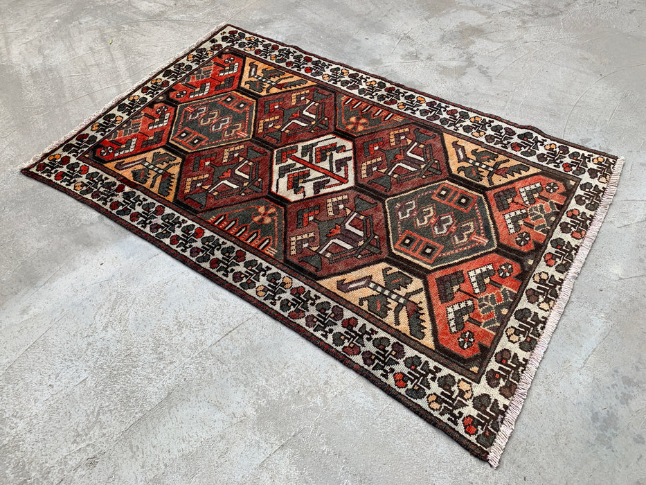 6'4 x 4'0 Hand-Knotted Persian Wool Rug in Ivory, Brown, Rust & Charcoal Tribal Geometric Design | KBHM-1097
