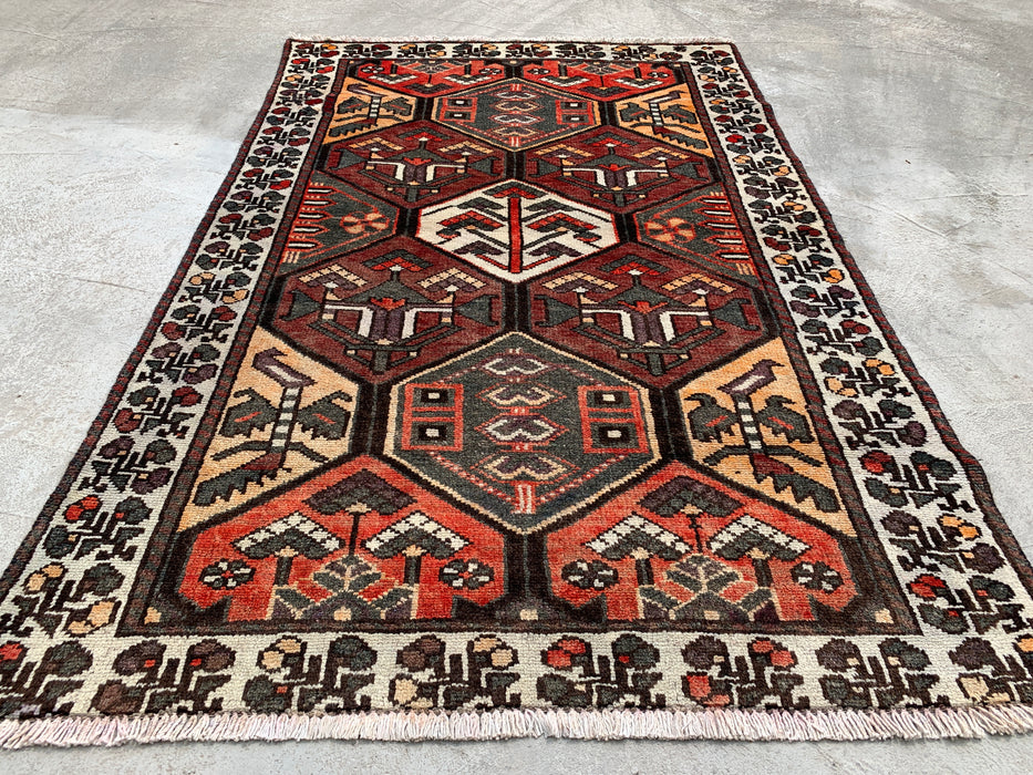 6'4 x 4'0 Hand-Knotted Persian Wool Rug in Ivory, Brown, Rust & Charcoal Tribal Geometric Design | KBHM-1097