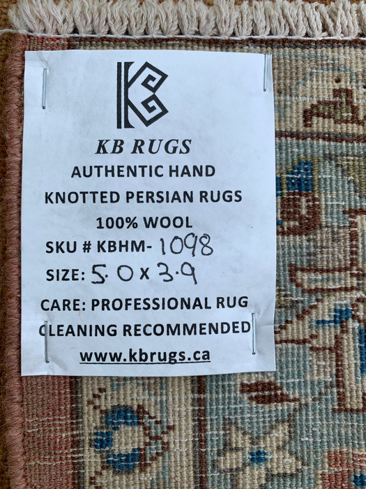 KBHM-1098 Hand-Knotted Persian Wool Rug – 5'0" x 3'9" – Beige, Light Blue & Soft Gold Traditional Medallion Rug