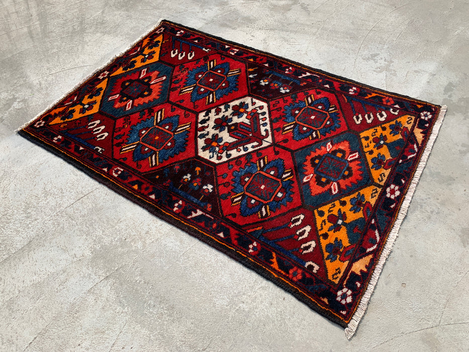 KBHM-1099 Hand-Knotted Persian Wool Rug – 5'1 x 3'5 Geometric Tribal Rug in Red, Blue & Ivory