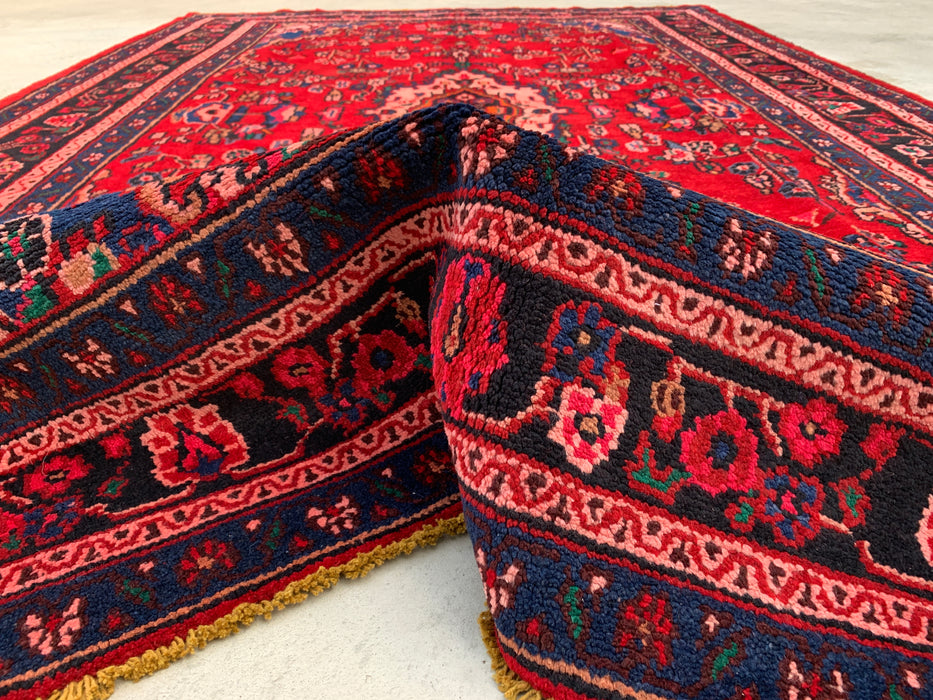 Hand-Knotted Persian Wool Rug - 10'8" x 6'11" - Red, Navy & Ivory Traditional Medallion Rug - KBHM-1103