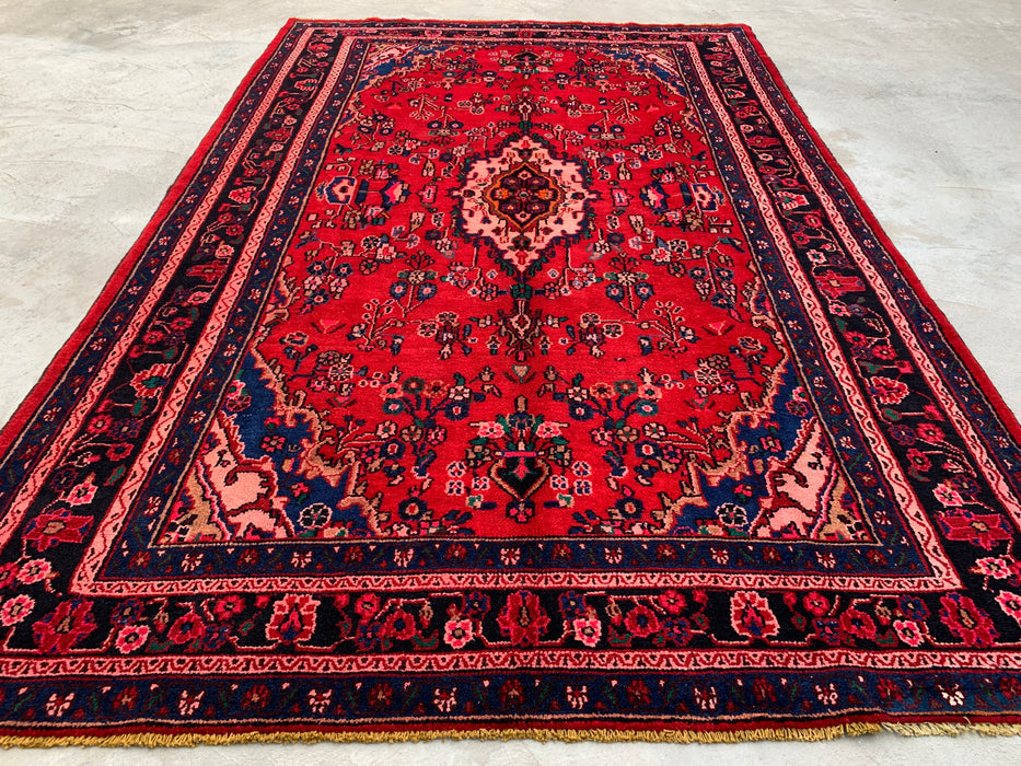 Hand-Knotted Persian Wool Rug - 10'8" x 6'11" - Red, Navy & Ivory Traditional Medallion Rug - KBHM-1103