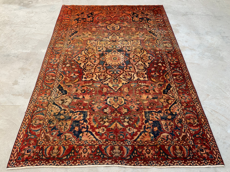 Handmade Persian Wool Area Rug 7x10 - Rust, Ivory & Blue Vintage Medallion Persian Style Rug - Exact Size 10'4" x 6'10" - KBHM-1105
