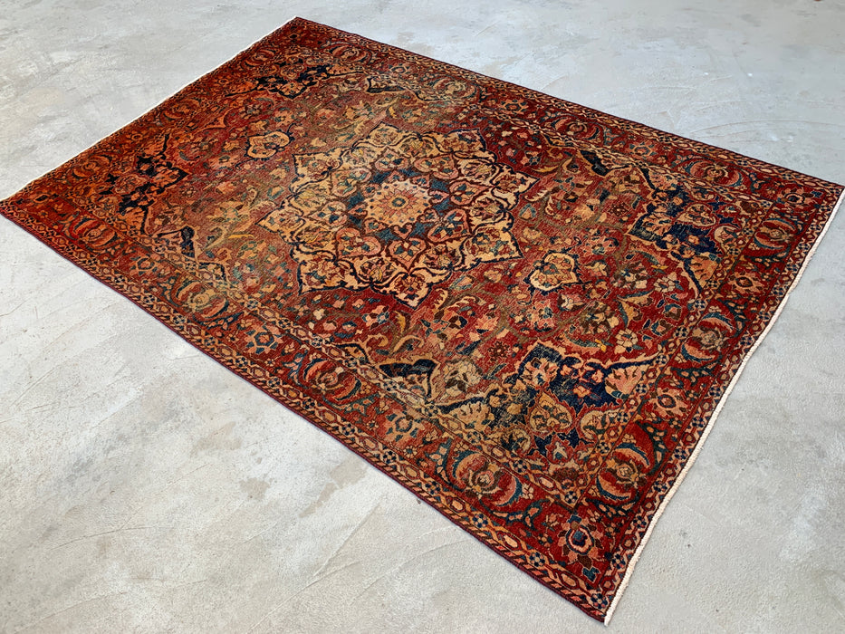 Handmade Persian Wool Area Rug 7x10 - Rust, Ivory & Blue Vintage Medallion Persian Style Rug - Exact Size 10'4" x 6'10" - KBHM-1105