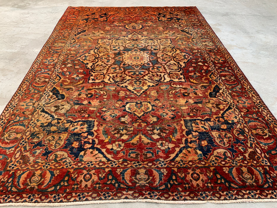 Handmade Persian Wool Area Rug 7x10 - Rust, Ivory & Blue Vintage Medallion Persian Style Rug - Exact Size 10'4" x 6'10" - KBHM-1105