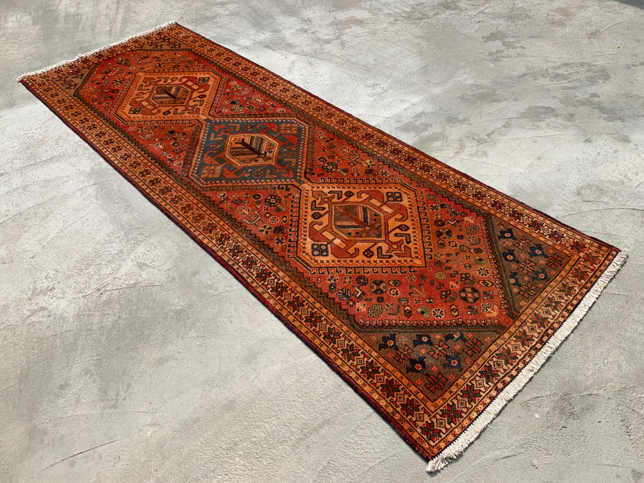 KB Rugs kbhm-1108 Hand-Knotted Persian Wool Runner Rug – 10'2" x 3'7" Rust, Blue & Ivory Geometric Tribal Design