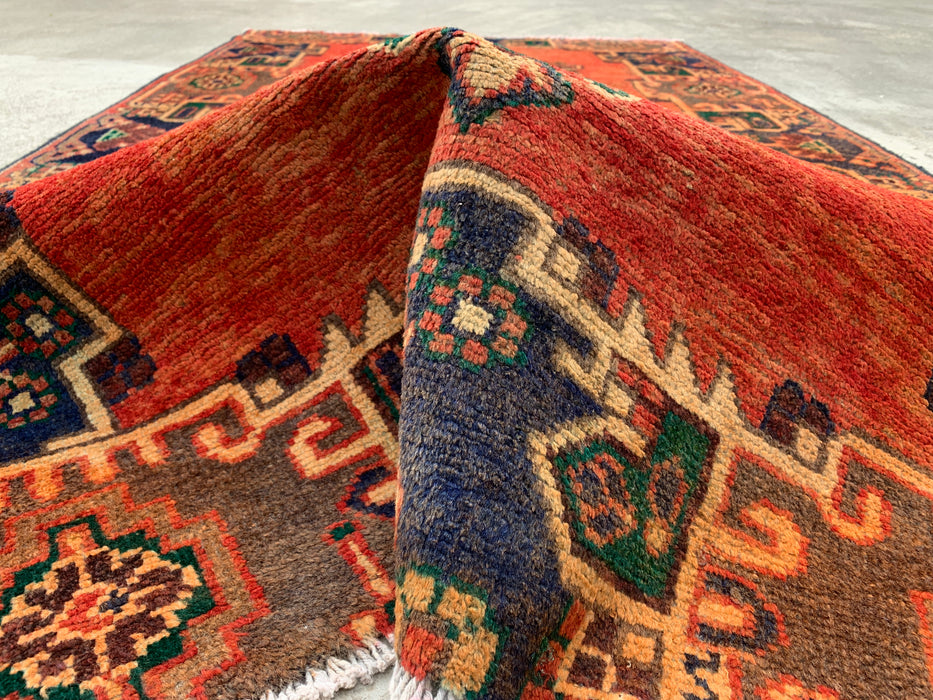 7'4 x 4'1 Hand-Knotted Persian Wool Rug in Rust, Navy & Olive Tribal Geometric Medallion Design | KBHM-1112