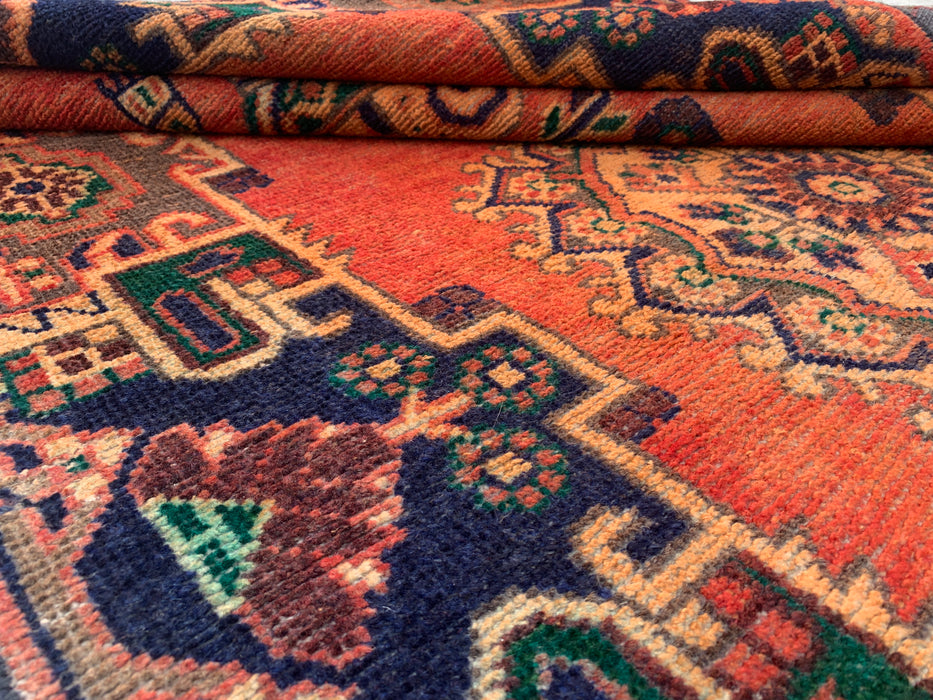 7'4 x 4'1 Hand-Knotted Persian Wool Rug in Rust, Navy & Olive Tribal Geometric Medallion Design | KBHM-1112