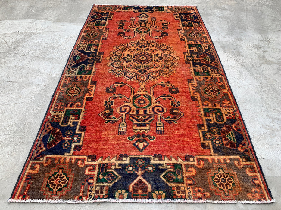 7'4 x 4'1 Hand-Knotted Persian Wool Rug in Rust, Navy & Olive Tribal Geometric Medallion Design | KBHM-1112