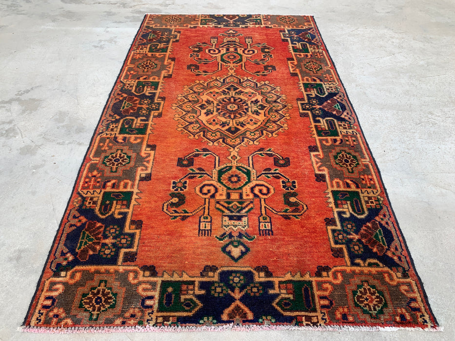 7'4 x 4'1 Hand-Knotted Persian Wool Rug in Rust, Navy & Olive Tribal Geometric Medallion Design | KBHM-1112