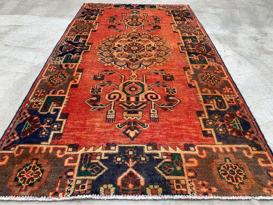 7'4 x 4'1 Hand-Knotted Persian Wool Rug in Rust, Navy & Olive Tribal Geometric Medallion Design | KBHM-1112