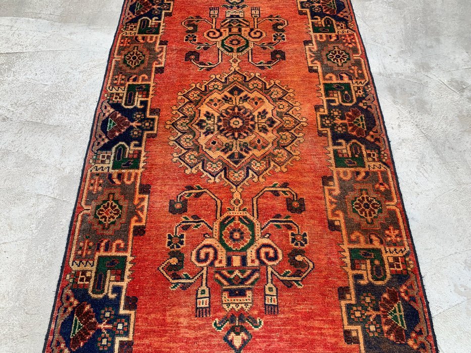 7'4 x 4'1 Hand-Knotted Persian Wool Rug in Rust, Navy & Olive Tribal Geometric Medallion Design | KBHM-1112