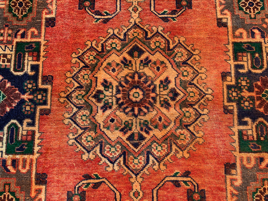 7'4 x 4'1 Hand-Knotted Persian Wool Rug in Rust, Navy & Olive Tribal Geometric Medallion Design | KBHM-1112