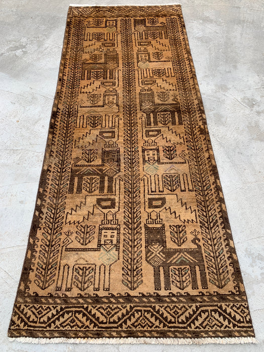 6'10 x 2'8 Hand-Knotted Persian Wool Runner Rug in Beige, Brown & Taupe Tribal Pictorial Design | KBHM-1113