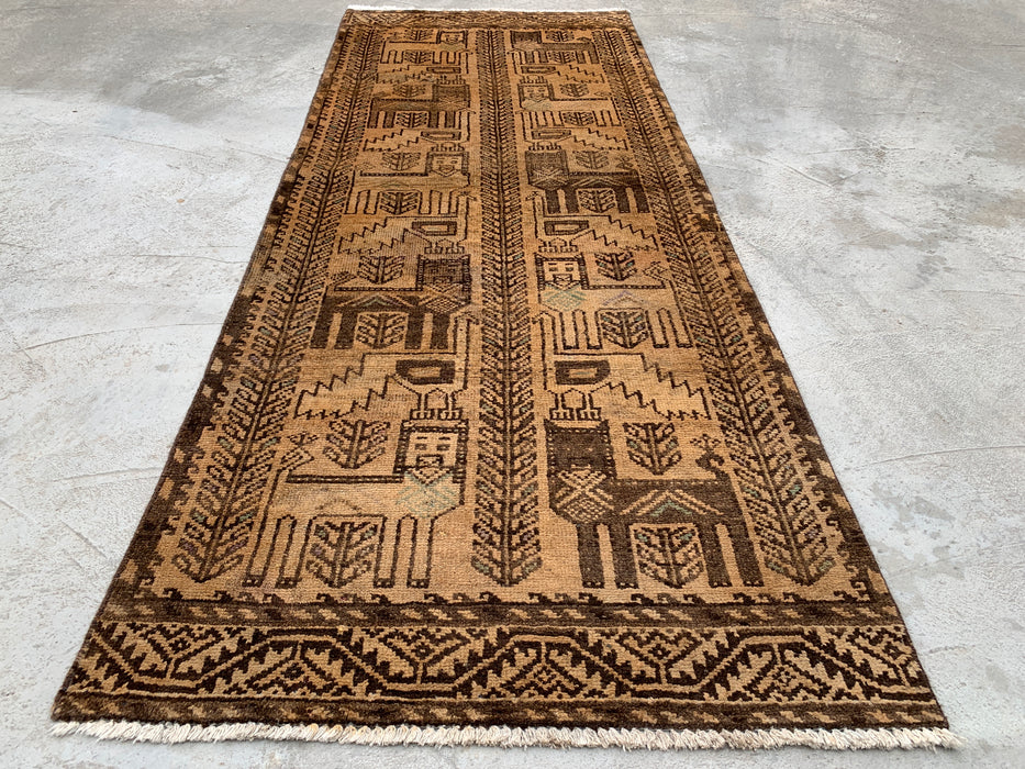 6'10 x 2'8 Hand-Knotted Persian Wool Runner Rug in Beige, Brown & Taupe Tribal Pictorial Design | KBHM-1113
