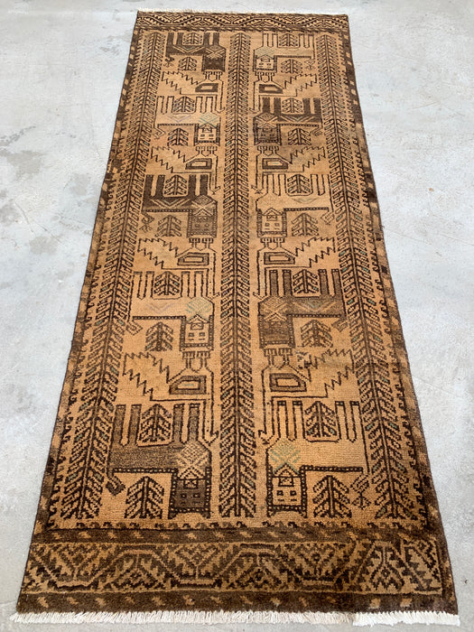 6'10 x 2'8 Hand-Knotted Persian Wool Runner Rug in Beige, Brown & Taupe Tribal Pictorial Design | KBHM-1113