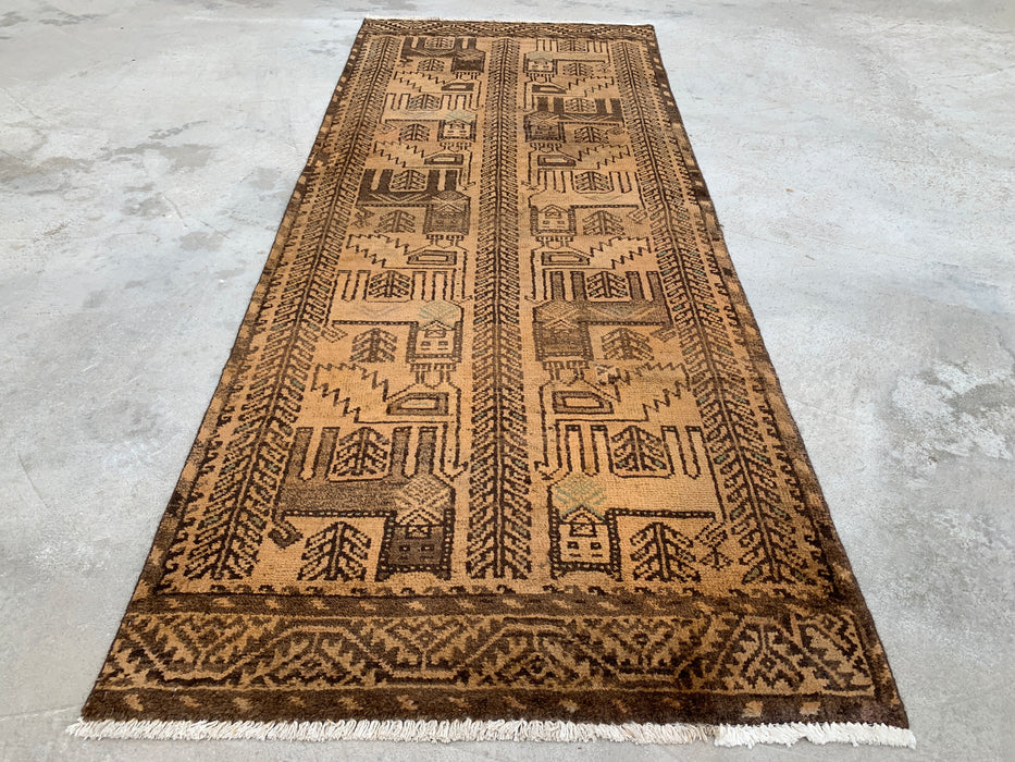 6'10 x 2'8 Hand-Knotted Persian Wool Runner Rug in Beige, Brown & Taupe Tribal Pictorial Design | KBHM-1113