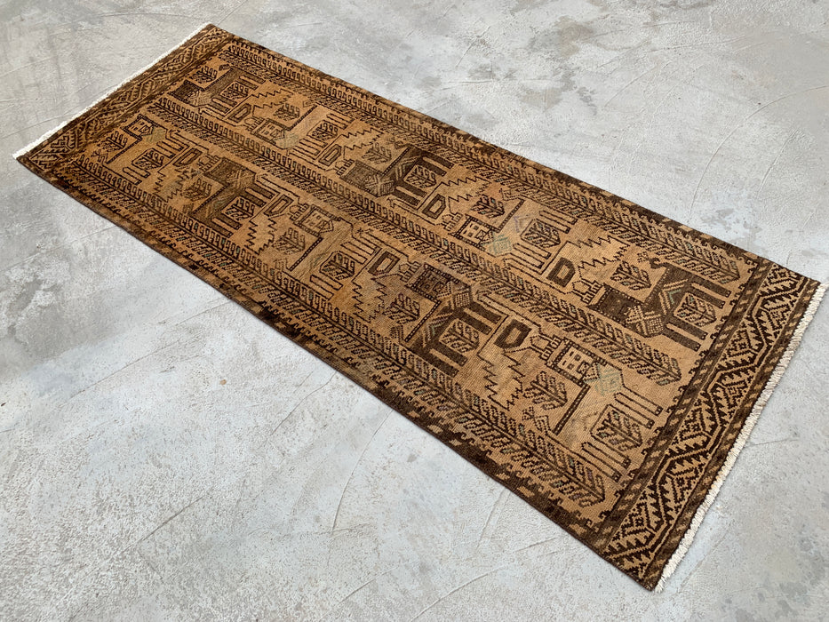 6'10 x 2'8 Hand-Knotted Persian Wool Runner Rug in Beige, Brown & Taupe Tribal Pictorial Design | KBHM-1113