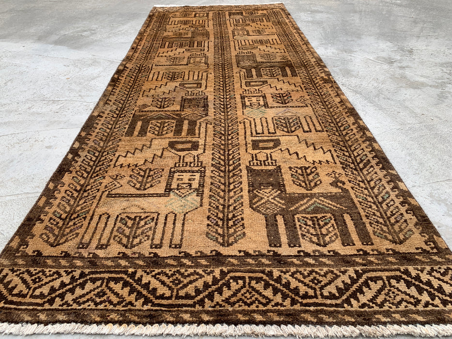 6'10 x 2'8 Hand-Knotted Persian Wool Runner Rug in Beige, Brown & Taupe Tribal Pictorial Design | KBHM-1113