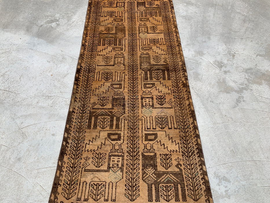 6'10 x 2'8 Hand-Knotted Persian Wool Runner Rug in Beige, Brown & Taupe Tribal Pictorial Design | KBHM-1113