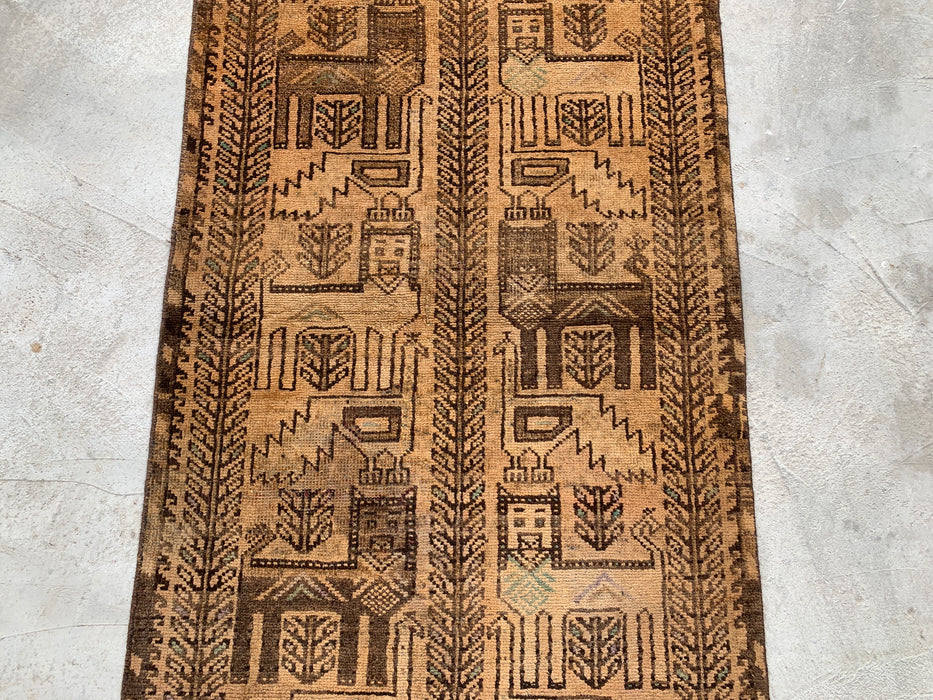 6'10 x 2'8 Hand-Knotted Persian Wool Runner Rug in Beige, Brown & Taupe Tribal Pictorial Design | KBHM-1113