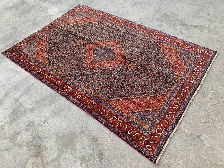 Hand-Knotted Persian Wool Rug – 9'3" x 6'3" – Red / Navy Multi Traditional Medallion Rug – kbhm-1121