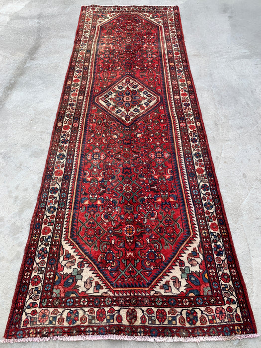 Hand-Knotted Persian Runner Rug 10'4 x 3'6 Red Ivory Wool Rug | KBHM-1124