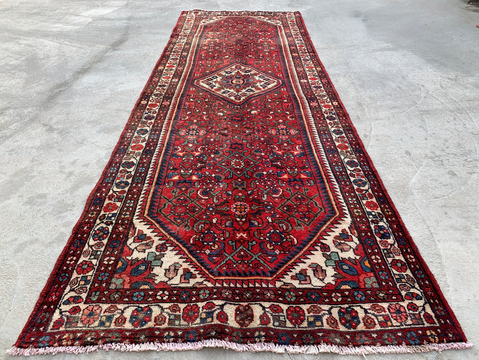 Hand-Knotted Persian Runner Rug 10'4 x 3'6 Red Ivory Wool Rug | KBHM-1124