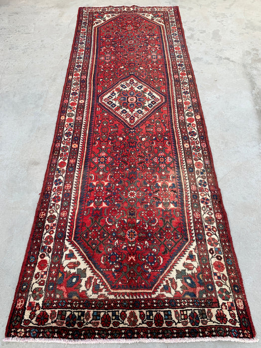 Hand-Knotted Persian Runner Rug 10'4 x 3'6 Red Ivory Wool Rug | KBHM-1124