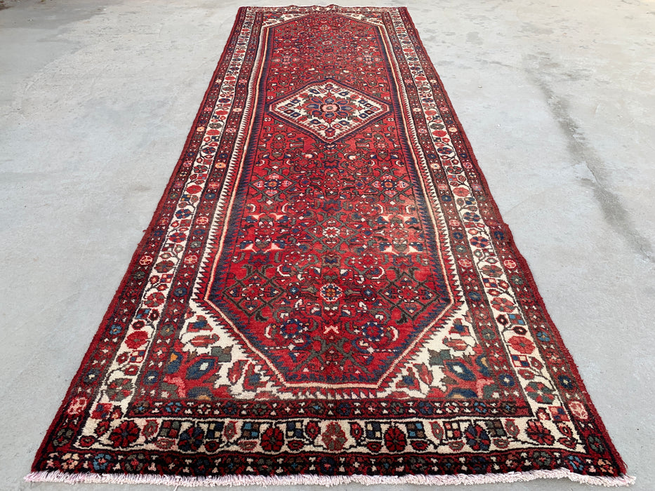 Hand-Knotted Persian Runner Rug 10'4 x 3'6 Red Ivory Wool Rug | KBHM-1124