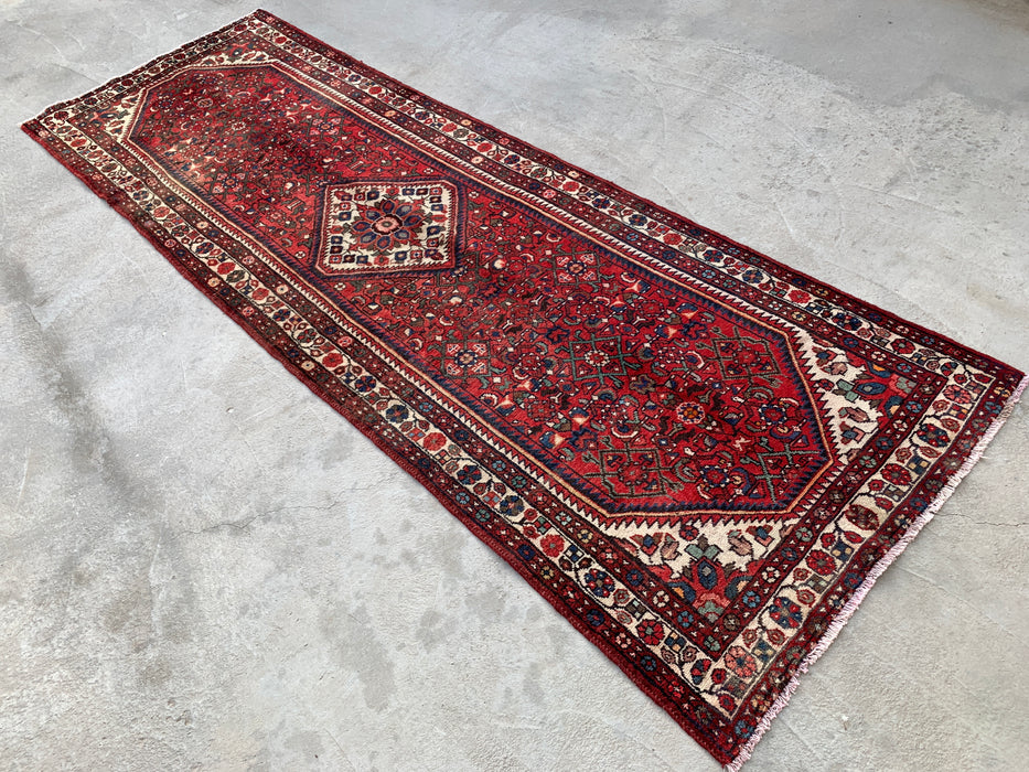 Hand-Knotted Persian Runner Rug 10'4 x 3'6 Red Ivory Wool Rug | KBHM-1124